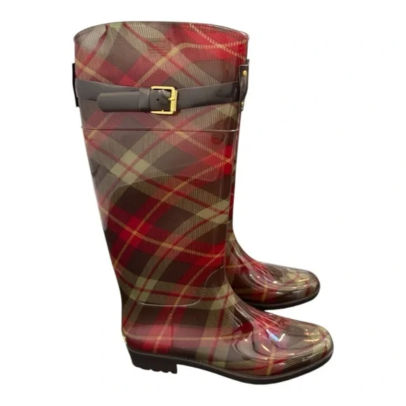 Lauren Ralph Lauren Rossalyn II Plaid Rain Boots Red Brown Tartan Check Size 9B - Picture 3 of 6